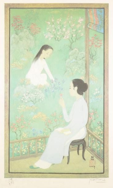 Mai-Thu (Mai Trung Thu, dit) (vietnamien, 1906-1980)
Femmes au jardin. Vers 1970. Procédé photomécanique. 280 x 470. Impression en couleurs. Belle épreuve sur soie, numérotée et signée au crayon. Toutes marges. Tirage à 450 épreuves. Cadre.