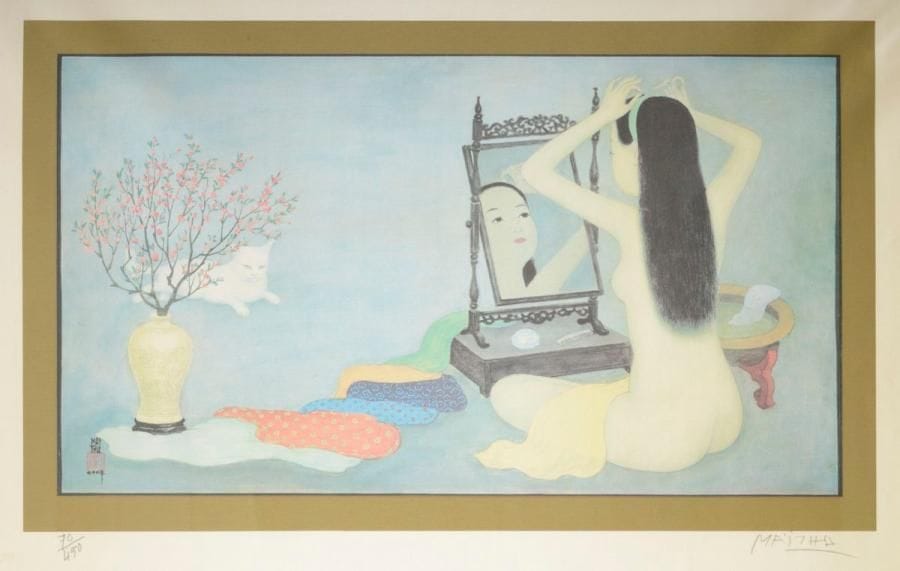 Mai-Thu (Mai Trung Thu, dit) (vietnamien, 1906-1980)
Femme nue au miroir avec un chat. Vers 1970. Procédé photomécanique. 636 x 477. Impression en couleurs. Belle épreuve sur soie, numérotée et signée au crayon. Toutes marges. Tirage à 450 épreuves. Cadre.
