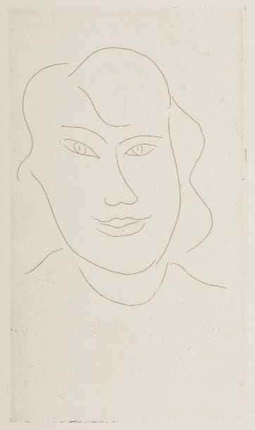Henri Matisse (1869-1954)
Visage souriant. 1946. Eau-forte. 140 x 237. Duthuit-Garnaud 302. Très belle épreuve sur vélin fort, ni signée ni numérotée. Quelques infimes points de rouille marginaux. Toutes marges.