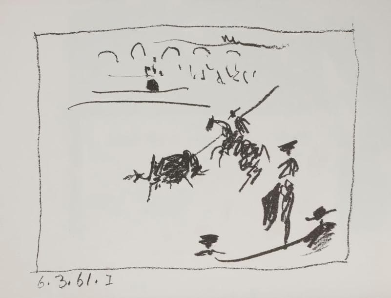 Pablo Picasso (1881-1973)
La Pique. (Pl. pour J. Sabartés, A los toros, Monte-Carlo, A. Sauret, 1961). Lithographie. 250 x 210. Mourlot 346 ; Bloch 1014 ; Güse-Rau 712. Parfaite épreuve sur vélin blanc. Toutes marges. 