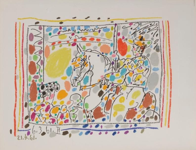 Pablo Picasso (1881-1973)
Le Picador. (Pl. pour J. Sabartés, A los toros, Monte-Carlo, A. Sauret, 1961). Lithographie. 250 x 210. Mourlot 347 ; Bloch 1013 ; Güse-Rau 713. Impression en couleurs. Parfaite épreuve sur vélin blanc. Toutes marges. 