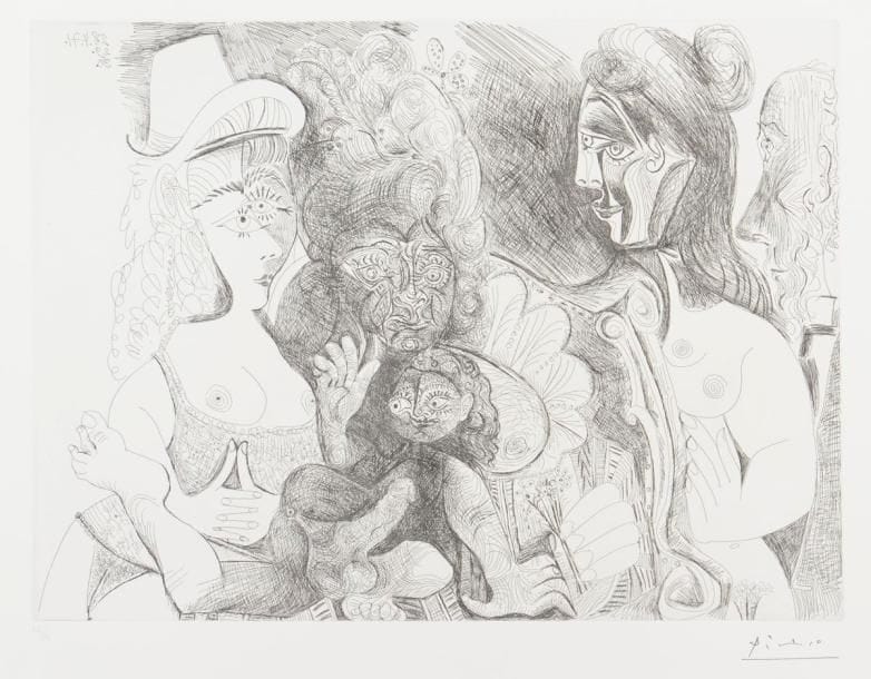 Pablo Picasso (1881-1973)
La Fête de la patronne… (Les 156, pl. 115). 1971. Eau-forte. 367 x 492. Bloch 1970 ; Baer 1979 B a. Parfaite épreuve sur vélin blanc, du tirage effectué pour la galerie Louise Leiris (1978), timbrée (Lugt 2026e). Toutes marges. Tirage à 50 épreuves.