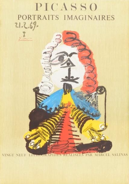 Pablo Picasso (1881-1973) (d’après)
Picasso. Portraits imaginaires. Affiches pour une exposition à la Galerie du Passeur, Paris, 13 octobre-13 novembre 1971. Lithographie. [515 x 740]. Impression en couleurs. Réunion de 21 sujets (dont certains en double). Très belles et fraîches épreuves sur vélin, 20 avant la lettre de l’exposition en pied, une avec la lettre. Infimes traces de plis dans certains angles. 