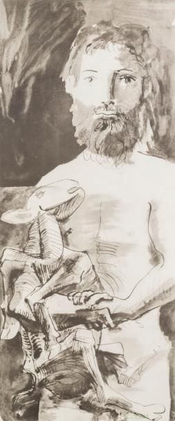 Pablo Picasso (1881-1973) (d’après)
L’Homme au mouton. 1967. Lithographie (procédé Jacomet). 405 x 960. Parfaite épreuve sur vélin crème, la signature imprimée en vert au pochoir, du tirage à part pour l’ouvrage La Flûte double, Paris, Vent d’Arles éd. Toutes marges. Cadre. 