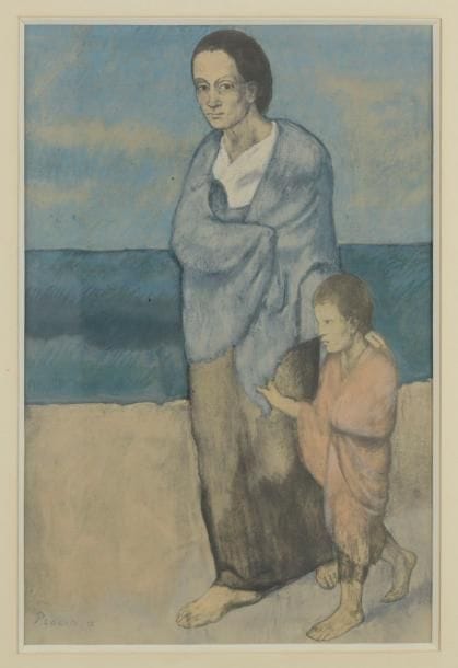 Pablo Picasso (1881-1973) (d’après)
Femme et enfant au bord de la mer. Photolithographie d’après un tableau de 1903. À vue : 300 x 450. Impression en couleurs. Belle épreuve sur vélin. Pas de marges apparentes. Cadre. 