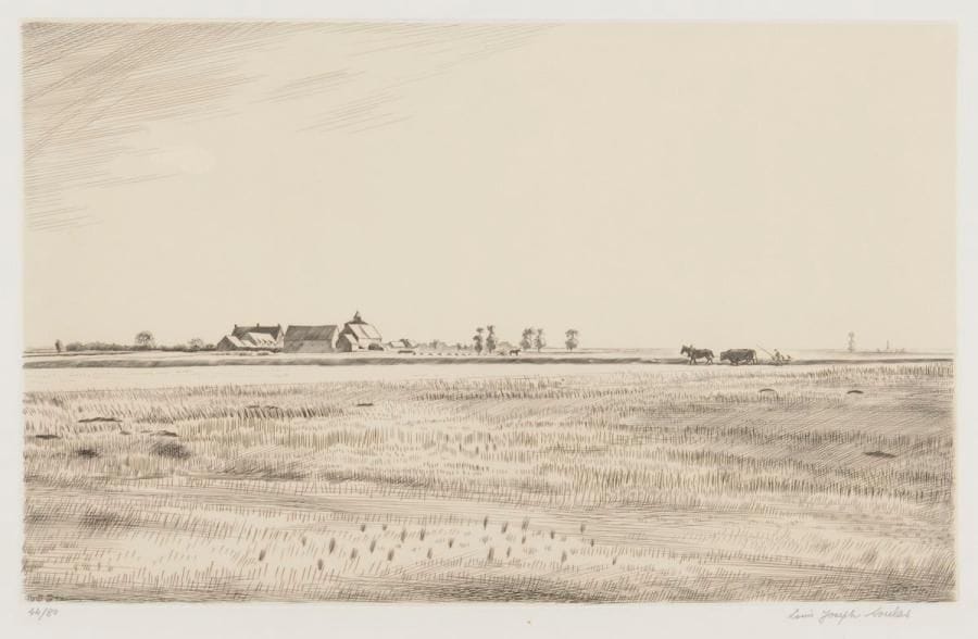 Louis-Joseph Soulas (1905-1954)
La Beauce en octobre ; Étang du Rhoteur (2 épr.) ; Les Gerbes, le soir ; L’Arbre de Guillard ; Moulin aux trois clochers. 1946-1950. Burin. Formats divers. Parfaites épreuves, 2 sur bulle rosâtre appliqué, numérotées et signées au crayon puis titrées en pied. Toutes marges. Ens. 6 p.