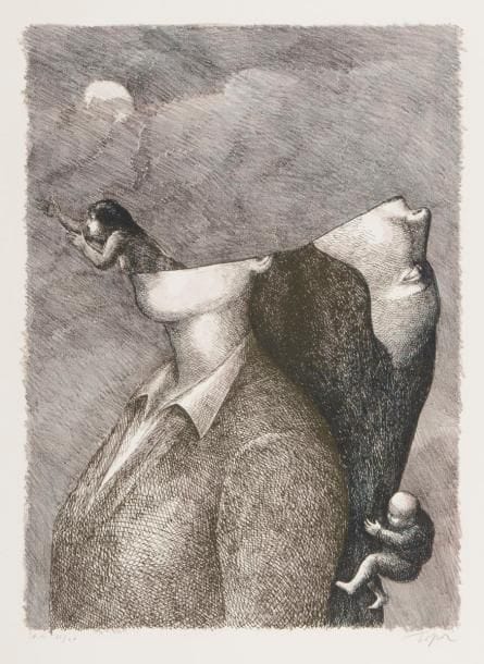 Roland Topor (1938-1997)
Voyage immobile ; Une vie à la gomme ; Il sème à tout vent ; Ciel ouvert. 1968-1975. Lithographie. Chaque env. 480 x 650. Très belles épreuves sur vélin, justifiées « e.a. » (d’un tirage à 20 épreuves) et signées au crayon. Fine bande d’oxydation sur un côté des feuillets. Toutes marges. Ens. 4 p. 