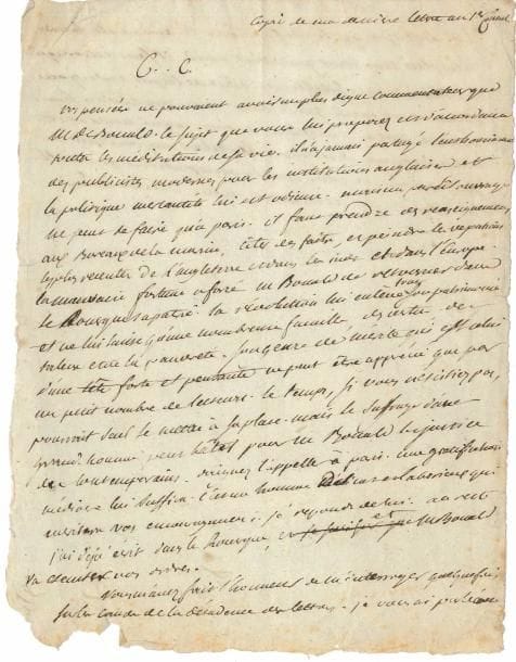 Louis de FONTANES (1757-1821) écrivain et homme politique, Grand Maître de l’Université, ami de Chateaubriand. L.A.S. « F. » (« copie » ou minute), [1802-1803 ?], au Citoyen Premier consul [Napoléon Bonaparte] ; 1 page et quart in-4 avec quelques ratures et corrections.
   Recommandation de son ami Bonald, pour un projet de livre. « Vos pensées ne pouvaient avoir un plus digne commentateur que M. de Bonald. Le sujet que vous lui proposez est d’accord avec toutes les méditations de sa vie. Il n’a jamais partagé l’enthousiasme des publicistes modernes pour les institutions anglaises et la politique mercantile lui est odieuse. Mais un pareil ouvrage ne peut se faire qu’à Paris. Il faut prendre des renseignemens aux Bureaux de la marine, citer des faits, et peindre les vexations les plus recentes de l’Angleterre et dans les Indes et dans l’Europe. La mauvaise fortune a forcé M. Bonald de retourner dans le Rouergue sa patrie. La révolution lui enlève tout son patrimoine et ne lui laisse qu’une nombreuse famille, des vertus, des talens et de la pauvreté. Son genre de mérite qui est celui d’une tête forte et pensante ne peut être apprécié que par un petit nombre de lecteurs. Le temps, si vous n’existiez pas, pouvait seul le mettre à sa place. Mais le suffrage d’un grand homme peut hâter pour M. Bonald la justice des contemporains. Daignez l’appeller à Paris. Une gratification médiocre lui suffira. C’est un homme délicat et laborieux qui meritera vos encouragemens. Je reponds de lui. Au reste j’ai déjà écrit dans le Rouergue, et M. Bonald va executer vos ordres. Vous m’avez fait l’honneur de m’interroger quelquefois sur la cause de la décadence des lettres. […] il ne suffit pas que le chef de l’etat les aime et les honore. Il est placé trop haut pour tout voir. Il faut encore que les administrateurs subalternes aient de l’esprit et du goût et devinent le merite qui se cache. Mon ambition serait d’entourer votre puissance de tout ce qui nous reste encore d’hommes distingu