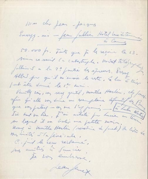 Jean GENET (1910-1986). 3 L.A.S., 2 P.A.S. et 1 L.S., Paris et Cannes 1947, à Jean-Jacques Pauvert ; 5 pages in-4 (une déchirée en plusieurs morceaux) et 1 page oblong in-8, 2 enveloppes.
   Sur ses pièces Haute surveillance, et Les Bonnes [celle-ci fut créée à l’Athénée le 19 avril 1947].
   Paris 27 janvier 1947. Cession de Haute surveillance (titre ajouté à la main) à 60 exemplaires hors commerce. « La propriété cédée est celle de la copie dactylographiée de cette pièce […] Pour cet abandon de droits, je recevrai 130.000 fr. dont 30 (trente) à remise du manuscrit, et 100 (cent), le 15 mars 1947 »… [Cannes fin mars 1947]. « Voulez-vous avoir la gentillesse de m’envoyer le plus tôt possible recommandé la version de Haute surveillance corrigée par Barrault. Faites aussi que les 50.000 fr. m’arrivent pour le 13. Envoyez un mandat télégraphique au nom de Jean Gallien Hôtel Méditerrannée Cannes. Je sais que je vous dois 5.000 fr. Mais je serais content si vous les reteniez à la fin, sur le dernier versement »… [Cannes 31 mars 1947]. « Soyez gentil de me faire parvenir la dactylographie de Haute surveillance, celle qui est corrigée par Barrault. […] Dites-moi si vos rapports avec Gallimard sont aussi cordiaux »… Il donne les coordonnées à Cannes de Mme Maglia, avec qui Pauvert devra traiter « pour nos prochaines affaires »… [Cannes 7 avril 1947]. « Envoyez-moi – Jean Gallien Hôtel Méditerranée à Cannes 50.000 fr. Faites que je les reçoive le 13. Sinon ce serait la catastrophe. Mandat télégraphique. Gallimard a la 2e partie des épreuves. Pressez Allard pour qu’il m’envoie le reste. Le bon à tirer peut être donné le 1er mai. Veuillez voir, vous serez gentil, Marthe Herlin, chez Jouvet afin qu’elle vous donne un exemplaire définitif des Bonnes que vous porterez – vous me l’avez promis – à Lulu Watier. Ici tout va bien. J’ai acheté pour Lucien un terrain sur lequel il va bâtir une petite maison »… Il faut aussi donner à Marthe Herlin la liste des invités à la générale