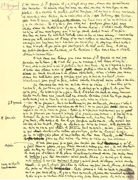 Jean GIONO (1895-1970). Manuscrit autographe signé, J.P. Grenier, septembre 1959 ; 1 page et quart in-4 (avec quelques ratures et corrections).
   Sur l’acteur et metteur en scène Jean-Pierre Grenier (1914-2000) [après avoir joué Jofroi en 1943, il mit en scène la pièce de Giono La Calèche en 1965 au Théâtre Sarah Bernhardt]. « J’ai connu J.P. Grenier il y a vingt cinq ans, dans des circonstances peu banales. Il arriva chez moi avec un ami, un sac de montagne et un piolet. Il a oublié le piolet. Je l’ai toujours, il me sert à biner mes rosiers »... Giono évoque leurs entretiens dans la « solitude totale » du Contadour. « La conversation est un art de mise en scène. L’histoire qu’on raconte, le problème qu’on expose, le débat qu’on affronte, la question qu’on pose, la réponse qu’on y fait, toute l’action verbale de deux hommes seuls sur la terre nue, sous le ciel nu dans la lumière (et le très léger parfum de lavande) est du théâtre et se réclame de la mise en scène. [...] Je ne m’efforçais plus d’installer en lui mon théâtre, je le laissais faire en lui-même la mise en scène de mon discours »...