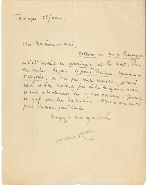 Jean GIONO. L.A.S., Taninges 28 août, à un ami ; 1 page in-4.
   « Colline et Un de Baumugnes ont été traduits en américain et très mal. Pour les autres, Regain, Le Grand Troupeau, Naissance de l’Odyssée, je n’ai pas voulu marcher. Je serai ravi d’être traduit par votre entremise mais je suis absolument lié à mes éditeurs : Grasset et NRF pour les traductions. C’est à eux qu’il faut s’adresser pour traiter »…