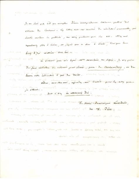 Henri LACORDAIRE (1802-1861). L.A.S., Sorèze 15 septembre 1857, au comte de Falloux ; 1 page et demie in-4, à en-tête École de Sorèze au cachet sec, adresse.
   Belle lettre après la mort de la comtesse Swetchine. « Vous me demandez tous les deux d’écrire quelque chose dans le Correspondant sur notre digne amie, et je le ferai volontiers », mais il demande du temps : « J’ai mis plusieurs mois à composer la notice d’Ozanam, et elle n’y a rien perdu. Toutefois il me serait nécessaire d’avoir sur les origines et les premiers temps de Mme Swetchine, ses rapports avec le Cte de Maistre, sa conversion, sa venue en France, des détails qui me manquent complètement. […] Quant à ma correspondance avec cette chère amie, je ne comprends pas bien comment elle pourrait être publiée avant ma mort, supposé qu’elle doive l’être. Je ne sais s’il y a exemple d’une correspondance intime publiée du vivant de l’auteur. Les lettres ont un caractère de révélation personnelle, qui semble exclure la publicité, au moins pendant que l’on vit »…