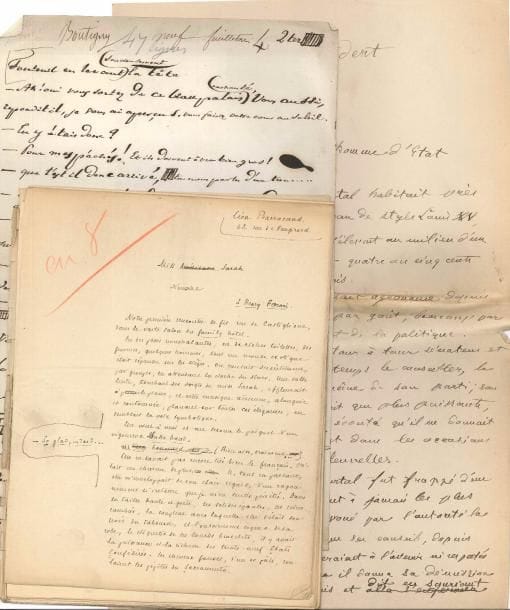 littérature. 9 manuscrits autographes (7 signés), 1 L.A.S. et 1 L.S.
   Léon Barracand (Miss Sarah, nouvelle), Henri de Bornier (Le Chiendent, nouvelle), Edmond Gondinet (ff. détachés de l’acte II du Panache), Léon Gozlan (feuilleton incomplet), Stéphen Liégeard (Un rêve, poésie, avec introduction), René de Maricourt (Le Cauchemar du notaire, nouvelle, et L.A.S. à M. Gosselin), Louis-Sébastien Mercier (L.S., Paris 13 octobre 1808, aux rédacteurs du Journal de Paris, au sujet d’altérations portées à son article), Pierre Véron (Courrier de Paris, chronique), Albert Wolff (sur Les Illustrateurs et Le Monde illustré, 2 mss, dont un incomplet).