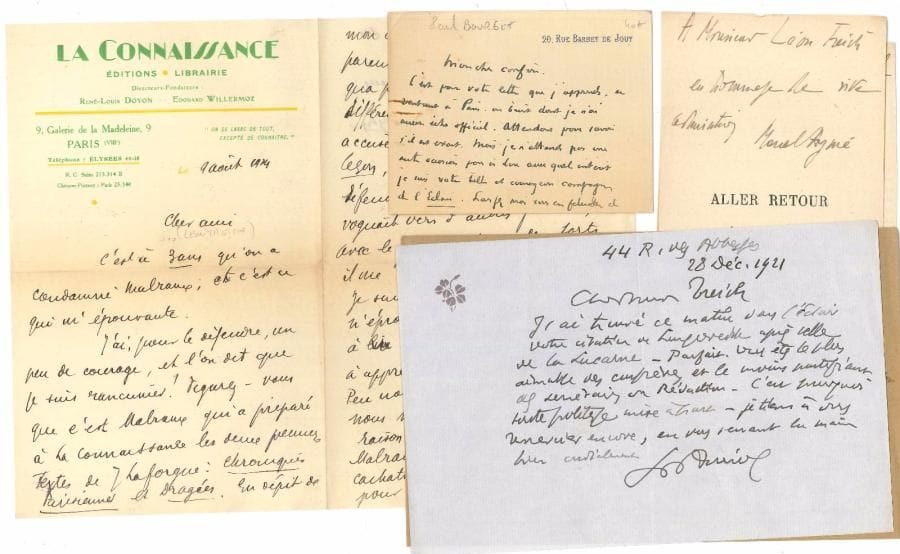 Littérature. 97 lettres ou pièces, la plupart L.AS. ou cartes a.s., au journaliste et critique Léon Treich. 
   George Auriol (2), Marcel Aymé (3 envois), André Baillon (2), Auguste Bailly, Hervé Bazin, Maurice Bedel, Henri Béraud, Louis Bertrand, Jean-Auguste Binet-Valmer, Henry Bordeaux, Marcel Boulenger, Paul Bourget (2, et envoi), René Boylesve, Paul Brach, Francis Carco (4 envois), Marc Chadourne, Henry Champly, Henriette Charasson, Charles Chassé (3), Maurice Constantin-Weyer, Benjamin Crémieux, Charles Derennes, Lucien Descaves, Fernand Divoire (et envoi), Pierre Dominique, René-Louis Doyon, Georges Duhamel (3, et 3 envois), Roland Engerand (3 envois dont un sur la plaquette La Mauvaise Conduite d’Arlette), Max et Alex Fischer, Fernand Fleuret, Jean Francis-Bœuf (ms a.s. et envoi), Léon Frapié (et ms a.s. d’une lettre ouverte, plus envoi), Huguette Garnier, Pierre Gaxotte, Jean de Gourmont, Paul Guth, Jean Guyon-Cesbron, Léon Hennique, Philippe Hériat (envoi), abbé Louis Jalabert, Marcel Jullian, Jean de Kerlecq, Fernand Kolney, André Lebey, Marius-Ary Leblond, duc de Lévis-Mirepoix, Jean Marquet, Eugène Marsan, Georges Lecomte, Francis de Miomandre, Jean-Baptiste Natali, Pierre Nord, Paul-Émile Pauilhac, Louis Payen, Alfred Poizat, François Porché, Raymond Schwab, Gabriel Soulages, Pierre Valdagne, Paul Vialar (et envoi), Noël Vindry.