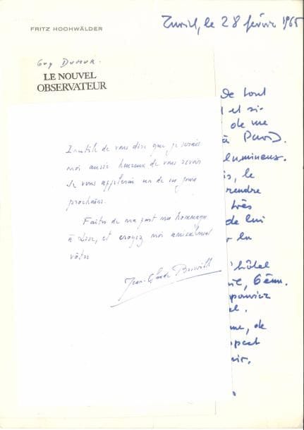 LITTÉRATURE. 6 L.A.S., 1939-1968.
   Jean-Claude Brisville, Guy Dumur, Fritz Hochwälder (2, sur L’Accusateur), Henri Lavedan, Paul Morand (2/9/1939, mouillures et manques sans perte de texte, en-tête Mission Française en Angleterre de guerre économique ; sur sa « mission terriblement technique » en Angleterre aux tout débuts de la Guerre).