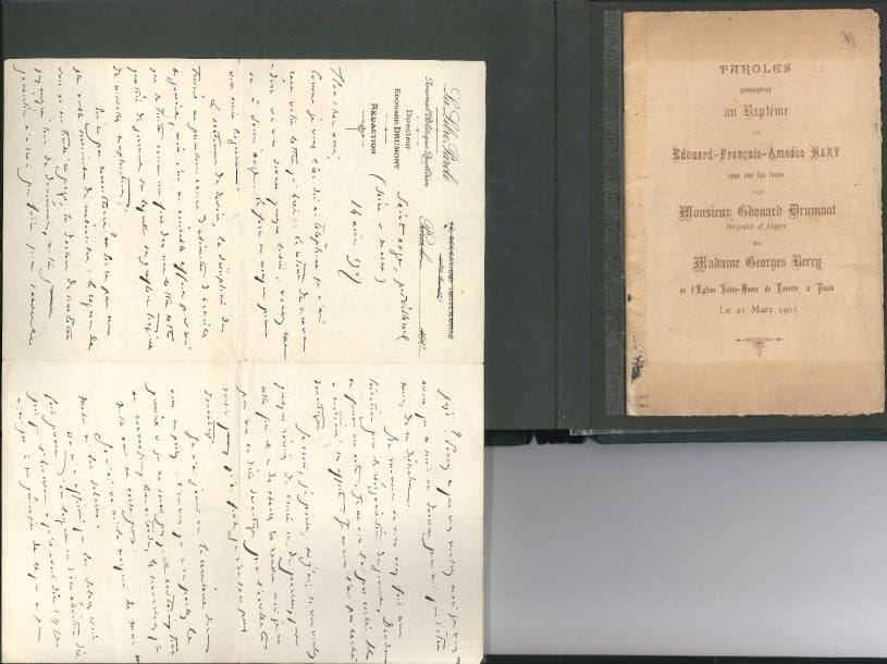[Gaston Méry (1866-1909) romancier et journaliste]. 35 lettres ou pièces, la plupart L.A.S., 1898-1911 ; collées ou montées dans un album oblong petit in-4 moleskine verte.
   Alphonse Allais, Jean Baffier (longue lettre du sculpteur), Théodore Botrel, Maurice Barrès, Maurice Chabas (2), François Coppée (3, dont un poème), Léon Daudet, Henry E. Delacroix (sur son tableau Douce harmonie), Paul Déroulède (5), Édouard Drumont (7, plus une plaquette impr.), Gyp, Georges V. Hugo, Jules Lemaître, Charles Maurras, Gaston Méry (poème, plus une Conférence Nationaliste impr.), Jean Nouguès, Eugène Turpin, Miguel Zamacoïs, etc. Plus quelques cartons d’invitation et coupures de presse.
