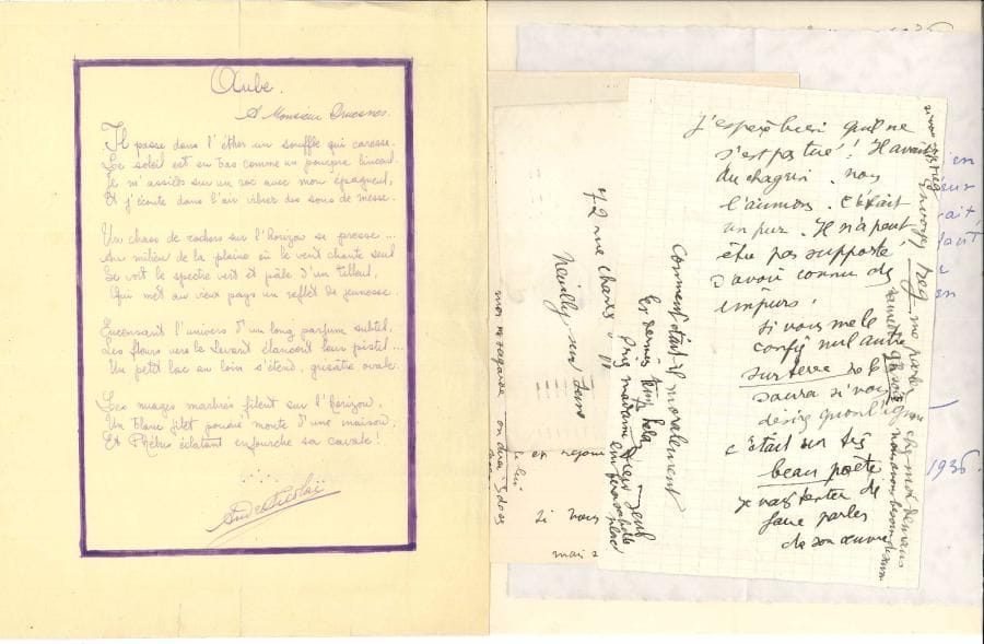 André de Nicolaï (1910-1936) poète ; il fut secrétaire de Fernand Gregh. Ensemble de documents.
   * Poème autographe signé, Aube, signé « André Nicolaï », sonnet soigneusement calligraphié à l’encre violette et dédié à M. Druesnes.
   * Les Fêtes douloureuses. Quatre visages de Jack Michael Reg (Maurice d’Hartoy, 1933), in-4 tiré à 476 ex., un des quinze sur Japon nacré (n° III spécialement impr. pour Mme de Nicolaï), broché à toutes marges.
   * Correspondance adressée à sa mère : 28 lettres, la plupart L.A.S., 1936-1957 : Pierre Aldebert, Mme Aurel (2), Jacques Brûlé, Lucie Delarue-Mardrus (4, plus un poème a.s. à la mémoire de Nicolaï dit à l’enterrement), Armand Godoy (3), Fernand Gregh (et 2 de sa fille Geneviève), Pierre Lagarde (5, plus un tapuscrit d’hommage au disparu), Wilfred Lucas, Pierre Mornand, François-Joseph de Payer, Pierre Petit de Julleville, Jean Rameau, Maurice Rostand (2), Jean Suberville, etc. Plus 4 cartes de visite autogr. de Fr. Debat, Simone Maurois, Fr. Pietri, Mme Ed. Rothschild, et un mémoire pour les travaux au tombeau.
   On joint la dactylographie d’un procès-verbal d’autopsie (mort par coup de feu tiré à bout portant), et un dossier de 20 lettres et documents familiaux, la plupart concernant son père, le lieutenant Hugues-Charles Nicolaï, qui fut notamment chef de bureau aux chemins de fer d’Égypte.
