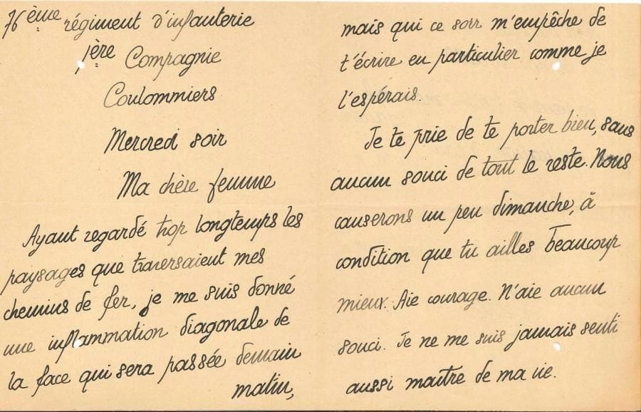 Charles PÉGUY (1873-1914). L.A.S. « Pierre », Coulommiers mercredi [5 septembre 1900], à sa femme ; 3 pages in-8 (petits trous de ver).
   « Ayant regardé trop longtemps les paysages que traversaient mes chemins de fer, je me suis donné une inflammation diagonale de la face qui sera passée demain matin [...] Je te prie de te porter bien, sans aucun souci de tout le reste. Nous causerons un peu dimanche, à condition que tu ailles beaucoup mieux. Aie courage. N’aie aucun souci. Je ne me suis jamais senti aussi maître de ma vie. Je ne me suis jamais senti aussi maître de nos enfants »...