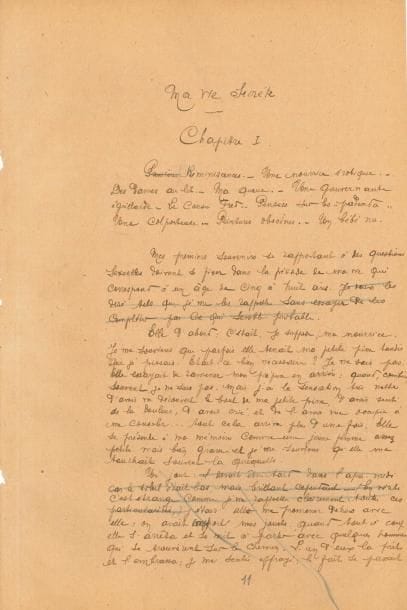 Louis Perceau (1883-1942) homme politique, écrivain et bibliographe. Manuscrit autographe, Ma vie secrète. Ouvrage traduit de l’anglais. Vol. I, [vers 1923] ; 399 pages in-fol.
   Traduction de My Secret Life, roman érotique située à l’époque victorienne dont l’attribution à Henry Spencer Ashbee par G. Legman fut mise en doute par Jean-Jacques Pauvert, lors de sa publication d’une traduction intégrale (1994-1996). Ma vie secrète : mon enfance et mon adolescence amoureuses, traduit pour la première fois de l’anglais sur l’un des 10 exemplaires de l’édition originale et unique, par Perceau, parut en 1923 dans la Collection de l’Académie des Dames (2 vol.). Sous forme de mémoires, Ma vie secrète raconte avec allégresse les découvertes et aventures d’un gentilhomme anglais prénommé Walter. On relève de nombreuses ratures et corrections, et d’importants passages biffés et supprimés, notamment dans l’introduction et les préfaces, ainsi que dans le début de l’ouvrage.
