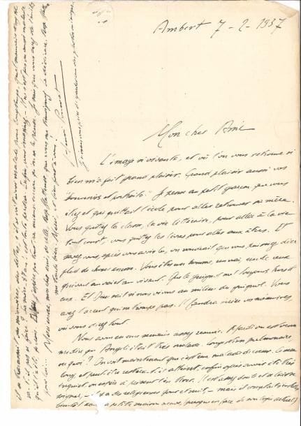 Henri POURRAT (1887-1959). 5 L.A.S., Ambert 1930-1958, à Jean Tenant ; 5 pages et demie in-8 et 2 pages in-4, 3 adresses, une carte avec vignette.
   14 mars 1930. En partance pour Paris. « J’étais bousculé de travail (tout le Pavillon des Amourettes à revoir, j’ai raturé, raturé). Ce sera un voyage très court, très chargé, nous tâcherons tout de même de voir Messiaen et votre filleul ». Au sujet du premier manuscrit de Josette Clotis, il partage l’avis de son correspondant : « des longueurs […] trop de couplets, de réflexions […]. Si tout était comme la première partie, je le prendrais pour Champs sans hésitation. Je suis très embarrassé. C’est trop hors du cadre, et même de l’esprit de la collection. Une refonte peut-être »… Lundi de la Pentecôte [19 mai 1930]. Au sujet du discours d’André Tardieu à Lyon au banquet de l’Union nationale des combattants : « Notre enclos était plein des éclats du haut-parleur qui tonitruait un peu plus bas, par-delà les jardins. C’est enorgueillissant de se dire que la République, la France, la planète reçoivent une impulsion partie de nos prés mêmes. Les nouvelles de Josette Clotis sont bien ce que j’imaginais. Pourvu qu’elle aille au grand travail. Il n’y a pas beaucoup de jeunes personnes douées comme elle l’est, n’est-ce pas ? […] Faites ce que vous pouvez pour ces Sorciers. Avec Le Meneur de loups et d’autres titres que j’ai en tête, j’aimerais constituer peu à peu sur la grande tradition d’imagination, le roman écrit qui s’est fait dans les têtes au fond des campagnes. Cela ne déroutera-t-il pas un peu le public, le langage parlé des dépositions, ces promenades, ces portraits, ces réflexions que j’ai voulu elliptiques ? Il est bon de penser à des lecteurs et des juges tels que vous »… 7 février 1937. Remerciements pour ses Souvenirs et portraits : « Vous quittez les livres pour aller aux êtres. Et savez-vous, après vous avoir lu, on voudrait que vous puissiez dire plein de choses encore. Vous êtes un homme, un vrai »… [11 ju