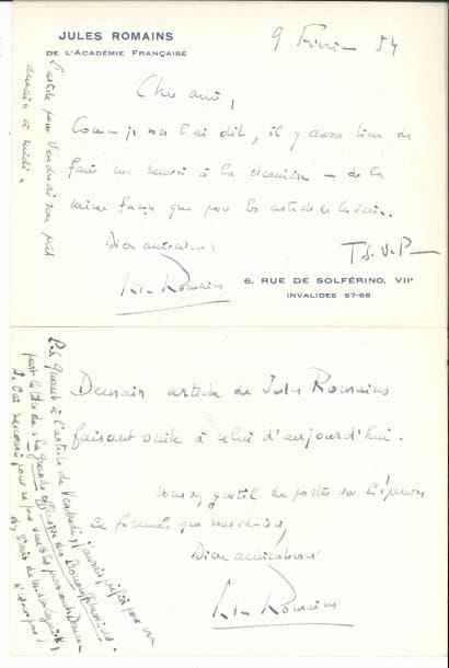 Jules ROMAINS (1885-1972). 22 L.A.S. et 7 L.S., 1953-1961, à Léon Treich au journal L’Aurore ; 35 pages formats divers (2 cartes postales), 4 enveloppes.
   Sur sa collaboration à L’Aurore, journal dirigé par Robert Lazurick pour lequel Romains écrit une chronique hebdomadaire… Cette collaboration, qui débute en 1953, se poursuivra jusqu’en 1971. Il s’agit ici principalement de lettres accompagnant l’envoi de ses articles, précisant certains points, demandant les épreuves, ou demandant à Treich de bien vouloir les corriger lui-même directement… Il évoque aussi la renégociation de son contrat, et ses honoraires… Au fil des ans, la correspondance se fait amicale, et évoque les vacances dans sa propriété de Grandcour en Touraine, des vœux, des condoléances, etc.