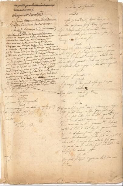 Michel Jean SEDAINE (1719-1797) poète, auteur dramatique et librettiste. Manuscrit autographe ; 5 pages et demie in-fol. (bords un peu effrangés).
   Ébauche des premières scènes d’une fête villageoise mettant en scène Leandro et sa sœur Camille, membres d’une troupe de théâtre ambulante. Alors qu’il répétait son rôle tragique, Leandro – « pour avoir trop bien représenté » – a été appréhendé et mis en prison par des gardes ayant pris ses propos pour la réalité. « Je voudrois que Le Diable emportât le poète qui a fait mon rôle il y a ces deux vers maudits : Je l’attends dans ces lieux, j’en seray l’assassin / Oui je veux luy plonger un poignard dans le sein. Pour ne point louper la scène du poignard j’ay tiré mon couteau de chasse et j’ay gesticulé avec toute la bonne foy d’un homme qui n’est pas vu et tout l’enthousiasme d’un excellent comédien. Les coquins n’ont point discerné l’art d’avec la nature et un cachot a été la récompense de mes talents »… La deuxième scène fait intervenir l’auteur en question, La Ronflardière, auquel Leandro fait ses reproches mais que sa sœur défend… [Une note d’une autre écriture en marge de la première page atteste l’authenticité de l’écriture de Sedaine et résume le fragment].