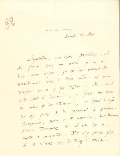 André SUARèS (1868-1948). L.A.S. « S », N.D. des Routes 26 juillet [1930], à Henry Prunières ; 2 pages in-4 à l’encre rouge.
   Il décline une demande [pour la Revue Musicale]. « Je suis plongé dans une œuvre qui ne me laisse aucun repos, et qui me poursuit terriblement dans le temps même où je me désespère de n’y pas suffire » [Marsiho]. Si, « dans cette sorte d’insomnie », il parvient à trouver un peu de « calme et de délivrance », il enverra quelques pages… « Pourquoi diable me laissez-vous dans l’oubli jusqu’à la dernière minute ? Nul ne vit dans une telle ignorance du temps : je pourrais même dire une telle négation »… Il l’invite à aller voir chez Devambez son Voyage du Condottière illustré par Louis Jou. Il prie de ne plus lui envoyer de dépêche, car « chaque petit commis fixe, lui-même, ce qui est dû, à sa trogne d’abord, et ensuite à l’État »...
