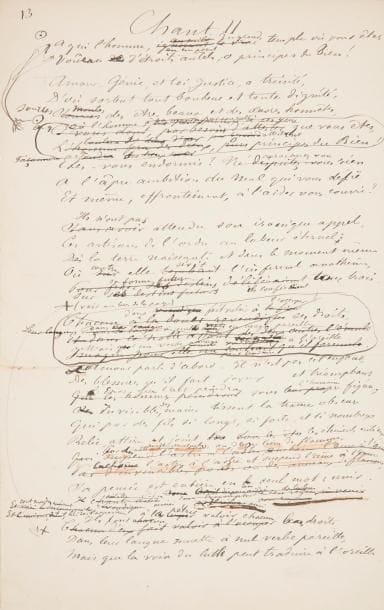 SULLY-PRUDHOMME (1839-1907). Poème autographe, Les Destins ; titre et 17 ff. in-fol. montés sur onglets, reliés en un vol. cartonnage bradel papier gris, pièce de titre maroquin rouge, étui.
   Manuscrit de travail des chants I et II de ce poème en trois chants publié chez Lemerre en 1872.
   Le texte, très travaillé, présente de nombreuses ratures et corrections, ainsi que des béquets avec de nouvelles rédactions collées sur le texte primitif. La page de titre précise « Prologue et premier chant », mais le prologue fut écarté, et la pagination commence à « 4 ». Les chants I et II mettent en scène la Terre avant la Création, convoitée par l’Esprit du Mal (chant I) et l’Esprit du Bien (chant II). Le premier chant du manuscrit est particulièrement retravaillé, et présente d’intéressantes variantes par rapport à la version publiée. En voici les premiers vers, avant modifications et l’addition d’une invocation à la Muse :
                                    « L’ère du grand tumulte et de l’effervescence
                                       Est close. Chaque monde émerge et prend naissance
                                       Vers le centre qu’il fuit toujours précipité,
                                       Déjà tiède et solide, encore inhabité,
                                       La Terre se dégage, et durcit, nue et blême,
                                       Rien ne sent, rien ne pense, et nul ne hait ni n’aime.
                                       Pas un souffle de vie. Il passe seulement,
                                       Comme dans les sommeils, un bref tressaillement.
                                       La matière indécise entre toutes les formes,
                                       Hésite, en oscillant sur ses pôles énormes »...
   Ancienne collection Daniel Sickles (XVI, 7126).
