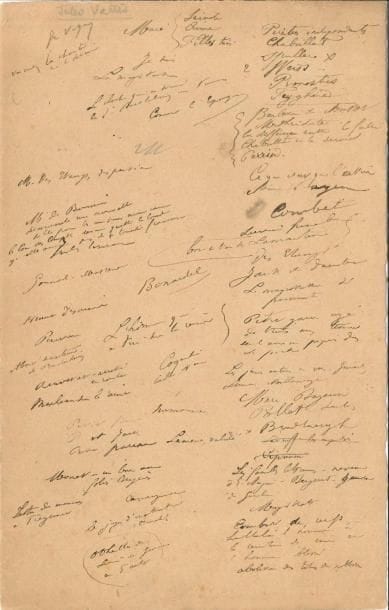 Jules VALLÈS (1832-1885). Manuscrit autographe, [1872] ; 1 page in-4.
   Notes préparatoires pour sa pièce La Commune de Paris. Liste de personnages fictifs ou réels (« Peintres indépendants / Chabrillot / Spuller », « les jeunes auteurs en vers », la Cour des Comptes, le juge d’instruction…), bribes de répliques (« Je suis la magistrature »…), indications de faits, de références ou d’éléments divers (« lettres de menaces », « Manet – Un bar aux Folies Bergères », « combat », « la magistrature des puissants », « l’homme à la ceinture de cuir et l’homme blessé », « abolition des titres de noblesse »)…