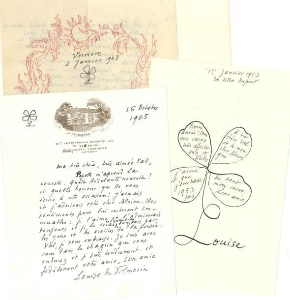 Louise de VILMORIN (1902-1969). 4 L.A.S., 1944-1965, à l’historien Adrien Fauchier-Magnan et son épouse Valentine ; 4 pages in-8 dont une à vignette de Verrières, et 1 page in-4 à son chiffre, une enveloppe.
   Jolie correspondance amicale. 10 octobre 1944. Elle le remercie de l’envoi de son livre. Elle a été très heureuse de les avoir à Verrières et espère qu’ils reviendront : « Nos cœurs vous sont grands ouverts : nous vous aimons […] et c’est un sentiment exquis à éprouver »… Verrières 2 janvier 1948. Jolie lettre sur papier à bordure décorée ; en tête elle a dessiné son L au trèfle à quatre feuilles. Elle remercie pour l’envoi de son livre Les Petites Cours d’Allemagne « dont le sujet me passionne et dont j’aime l’auteur. Vous nous manquez beaucoup et je suis triste à l’idée que vous puissiez croire que je vous oublie. C’est une taquinerie, n’est-ce pas ? » Ils ont passé Noël à Verrières avec quelques amis fidèles. « Le jardin est lugubre, pâteux et grincheux. Il écarte les visiteurs. Quant à la maison c’est une glacière. Nous sommes vêtus comme des esquimaux »… 1er janvier 1953, vœux inscrits à l’intérieur d’un trèfle à quatre feuilles dont la queue forme le L de sa signature Louise… 16 octobre 1965. Elle vient d’apprendre la désolante nouvelle de la mort « de votre cher Adrien. […] Mes sentiments pour lui resteront immuables : je l’aime et l’admirerai toujours »… 
   On joint une page autographe de jeux poétiques au crayon, signée « Louise » et de son L au trèfle, trois distiques (dont un d’André de Vilmorin) : « Un amant cela ment / une amante se lamente »…