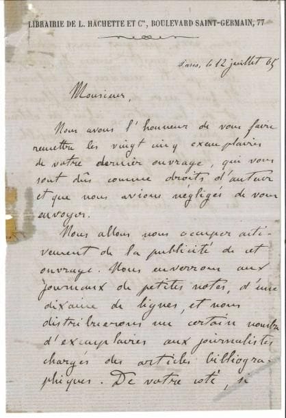 Émile ZOLA (1840-1902). L.A.S., Paris 12 juillet 1865, à Amédée de Bast aux Batignolles ; 2 pages in-8 à en-tête de la Librairie de L. Hachette, enveloppe (réparations au ruban adhésif).
   Comme employé de la Librairie Hachette. Il lui envoie 25 exemplaires de son dernier ouvrage [2e série des Contes à ma voisine], « qui vous sont dus comme droits d’auteur et que nous avions négligé de vous envoyer ». Il assure que la maison Hachette va activement s’occuper de la publicité : « Nous enverrons aux journaux de petites notes, d’une dizaine de lignes, et nous distribuerons un certain nombre d’exemplaires aux journalistes chargés des articles bibliographiques. De votre côté, si vous avez quelques amis dans la presse, veuillez nous les indiquer, afin qu’ils reçoivent le volume. Il faut user de votre influence et de la nôtre, afin d’obtenir le plus grand résultat possible »…
