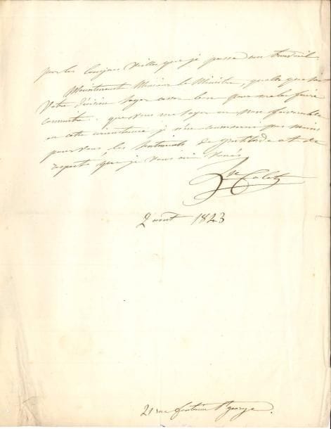 Louise COLET (1810-1876) femme de lettres, maîtresse (entre autres) de Flaubert. L.A.S., Paris 2 août 1843, à un Ministre ; 2 pages et demie in-4.
   Au sujet de son poème Le Monument de Molière. Elle a sollicité « une souscription à cette brochure que je serais heureuse de voir adressée par vous aux bibliothèques », mais n’a pas eu de réponse : « Au moment où je viens d’obtenir un Prix vous aurez pensé que ma position était améliorée et que la faveur que je sollicitais ne m’était point nécessaire. […] Quand on sollicite une espèce de secours, on doit quoique cela soit triste, parler avec sincérité. J’avais de mon père et de ma mère, que j’ai perdus bien jeune, un débris de patrimoine ; après mon mariage, en arrivant à Paris, je plaçai ma modeste dot chez un notaire »… Malgré son travail assidu, elle dut ces dernières années retirer petit à petit les mille francs qu’elle avait de côté et contracter des dettes auprès de son notaire, qu’elle a remboursées avec la somme perçue auprès de l’Institut. Son parent le baron de Saint-Marc « connaît toutes mes peines ; il sait le mal que je me donne et l’altération de ma santé causée par les longues veilles que je passe au travail »…
   On joint une L.A.S. de Victor Cousin à Louise Colet pour la voir « seule ».