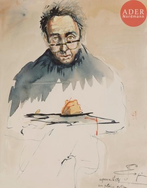 Henri ESPINOUZE (1915-1982)Autoportrait ou l'aquarelliste en pleine action, 1969Aquarelle.Signée, datée et titrée en bas à droite.29.5 x 23 cm