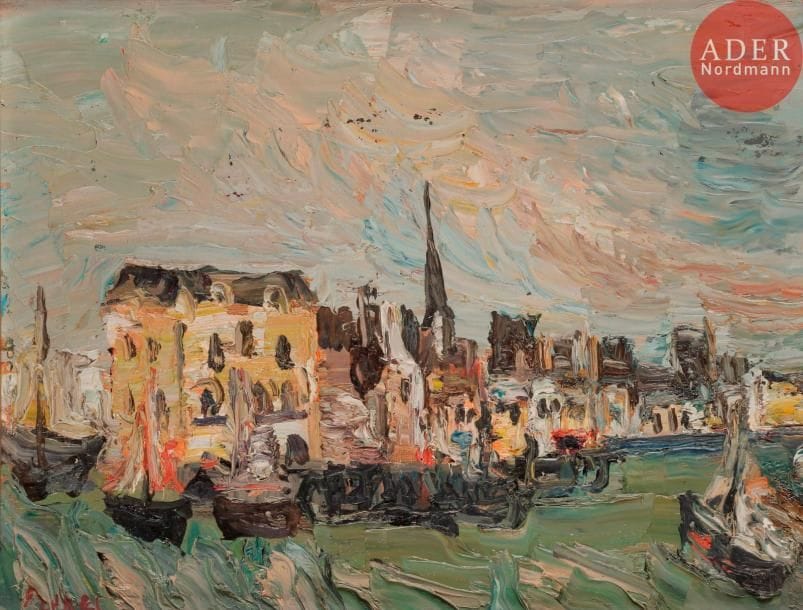 Isaac FRENKEL dit FRENEL (1899-1981) Le Port de HonfleurHuile sur toile. Signée en bas à gauche. 27 x 35 cm 