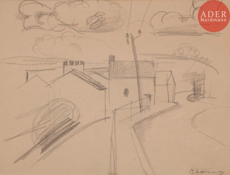 Roger de LA FRESNAYE (1885-1925)VillageDessin à la mine de plomb.Porte le timbre de la signature en bas à droite.19,5 x 25,5 cmProvenance : Ancienne collection Deliquet (selon une annotation au dos du montage).