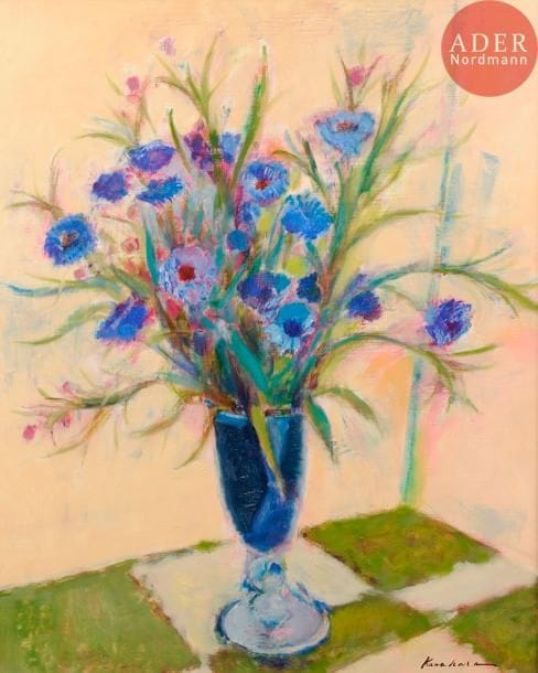 Masaaki KUWAHARA (né en 1927)Vase de fleurs - Venise, Canal et arcades - Le Pont du village, 19923 huiles sur toile.Signées en bas à droite.L'un titré en japonais au dos.65 x 54 cm - 54 x 65 cm - 50 x 61 cm