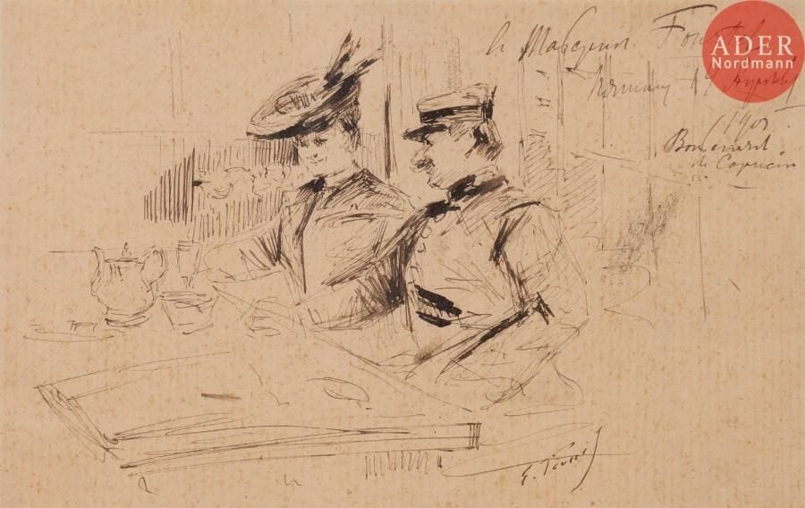 Elie-Anatole PAVIL (1873-1944)Le Déjeuner, 1901Encre.Signée en bas droite.Dédicacée et datée « A Madame Fourtel...»(Rousseurs).13 x 19 cm