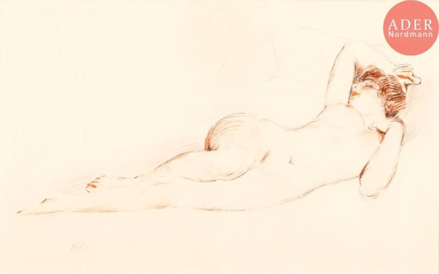D'après Paul César HELLEU (1859-1927)Femme nue endormieProcédé photomécanique d'après un dessin de l'artiste au fusain et à la mine de plomb.29.5 x 48 cm