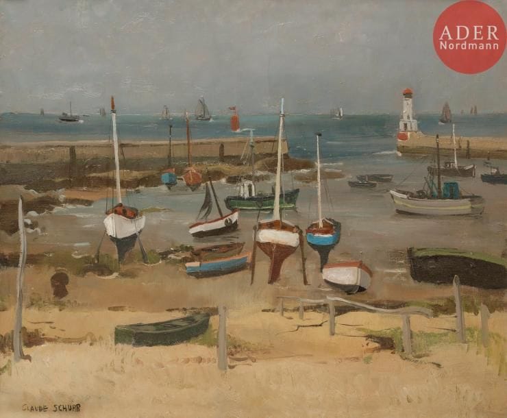 Claude SCHURR (1921-2014)Le Port de La TurballeHuile sur toile.Signée en bas à gauche.Titrée au dos sur le châssis.54 x 65 cm