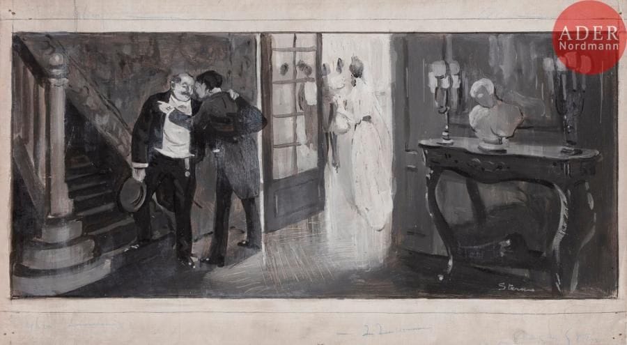 Georges STEIN (1870-1955)Le DînerHuile sur toile en grisaille.Signée en bas à droite.Signée et datée au dos.27 x 46 cm