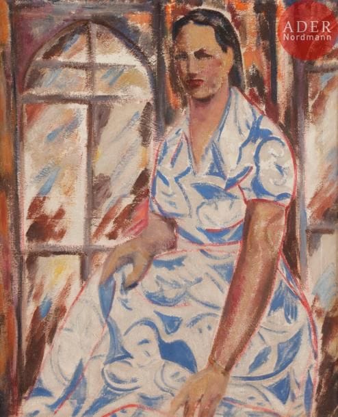 VERHAEREN (XXe siècle)Femme assise à la robeHuile sur toile.Signée au dos.61 x 50 cm