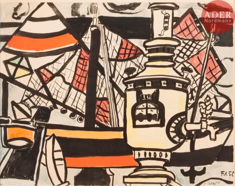 D'après Fernand LEGERSamovar et voiliersLithographie d'après un tableau de 1952.Signé, daté et numéroté sur 300.Timbre sec : Musée Fernand Léger, Biot.39 x 49.5 cm