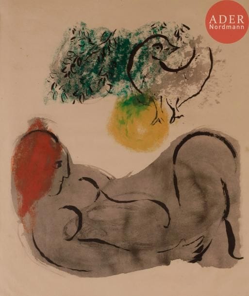 Marc CHAGALL (1887-1985)Femme et oiseau.Pochoir en couleurs sur fond de phototypie (procédé Jacomet).Pl. de l'album Couleur Amour, Au Vent d'Arles éd., 1958.40 x 35.5 cm