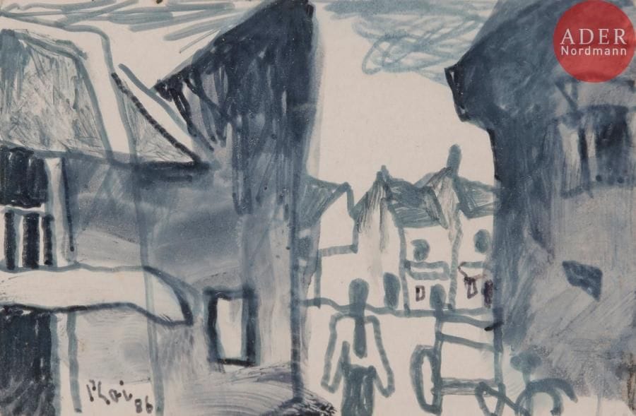 Xuan Phai BUI [vietnamien] (1920-1988)Scène de rue, 1986Feutre sur papier.Signé et daté en bas à gauche.5.5 x 9.5 cm