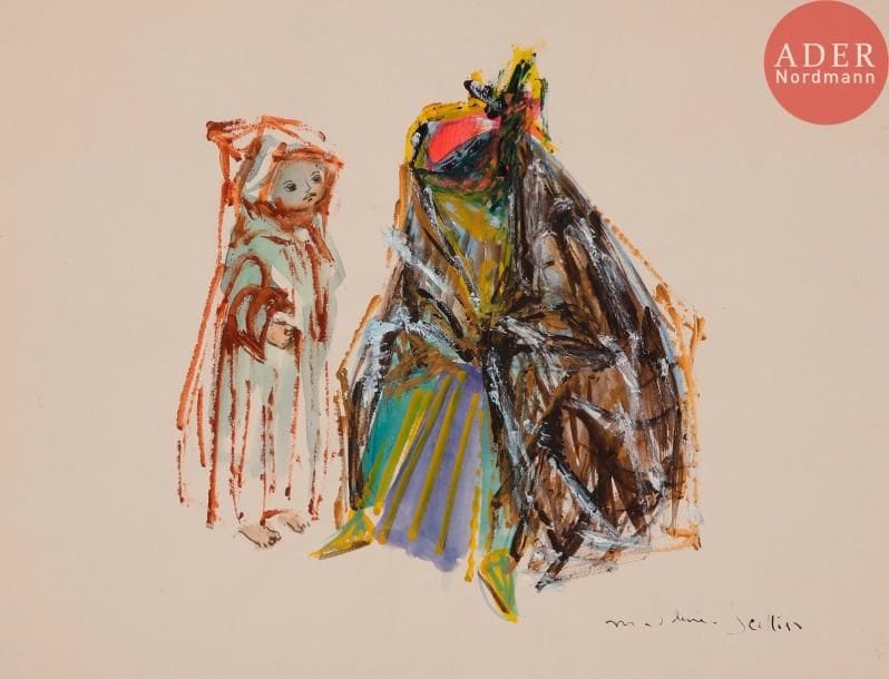 Madeleine SCELLIER (née en 1928)Femme et enfantGouache.Signée en bas à droite.21 x 27 cm