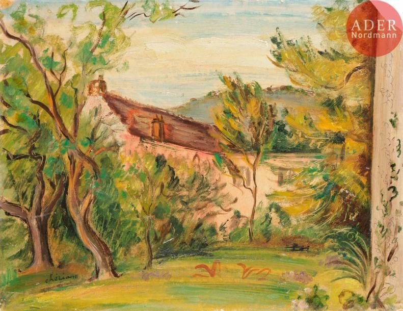 CHERIANE (1900-?)La Maison rose à NeslesHuile sur carton toilé.Signée en bas à gauche. Signée et titrée au dos.27 x 35 cm