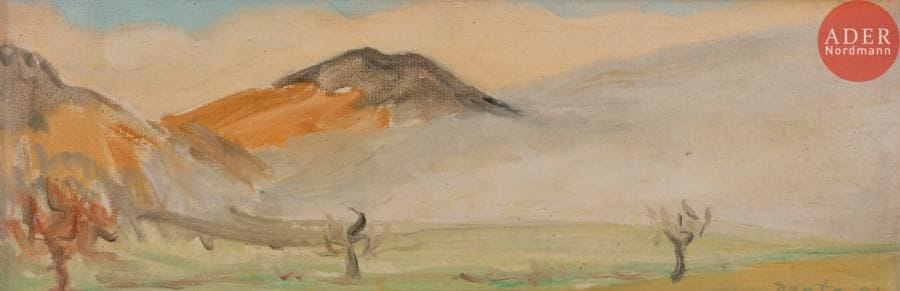 DANTE (XXe siècle)Paysage suisse, 1952Huile sur carton toilé.Signée et datée en bas à droite.Signée, datée et située au dos.13.5 x 40 cm