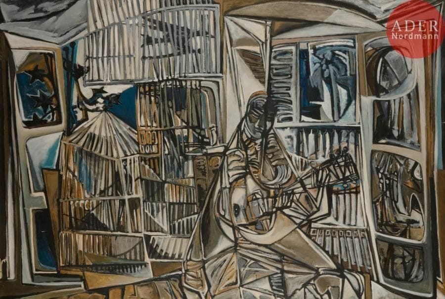 Georges-Henri PESCADÈRE (1915-2003)

Personnage à la guitare entouré de cages à oiseaux, 1962
Huile sur toile.
Monogrammée et datée au dos.
114 x 195 cm