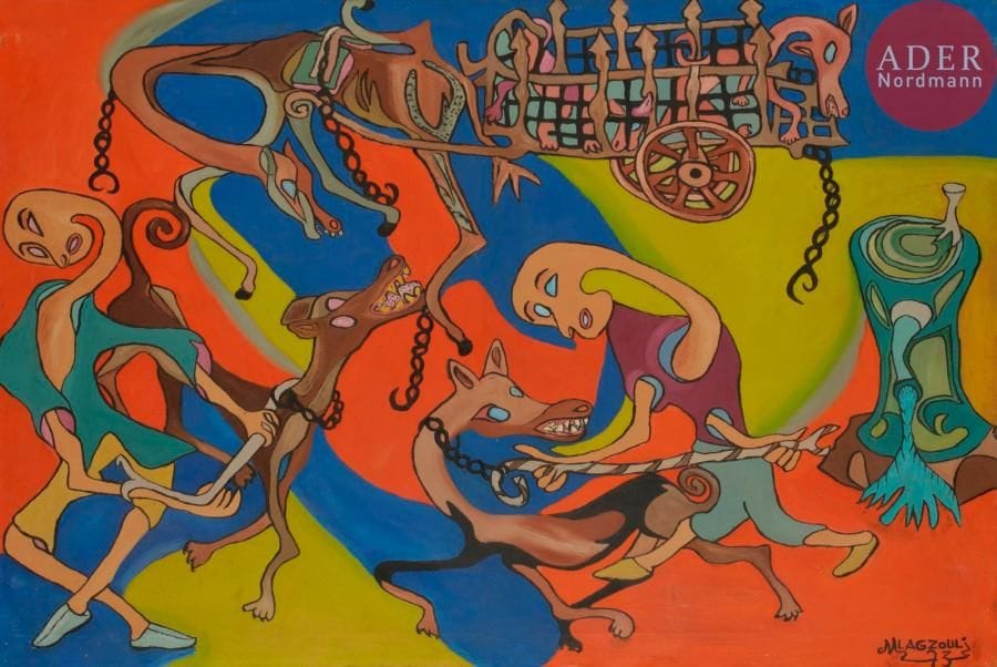 Mohamed LAGZOULI (né en 1937)
La Capture des chiens, 1973
Huile sur toile.
Signée et datée en bas à droite.
64.5 x 94 cm