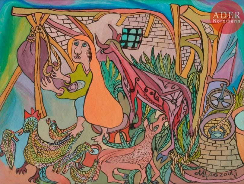 Mohamed LAGZOULI (né en 1937)
La Ferme
Gouache.
Signée en bas à droite.
23.5 x 31 cm